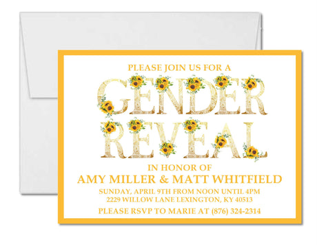 Sunflower gender reveal invitation with floral letter accents