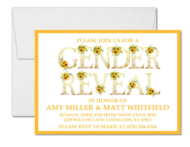 Sunflower gender reveal invitation with floral letter accents