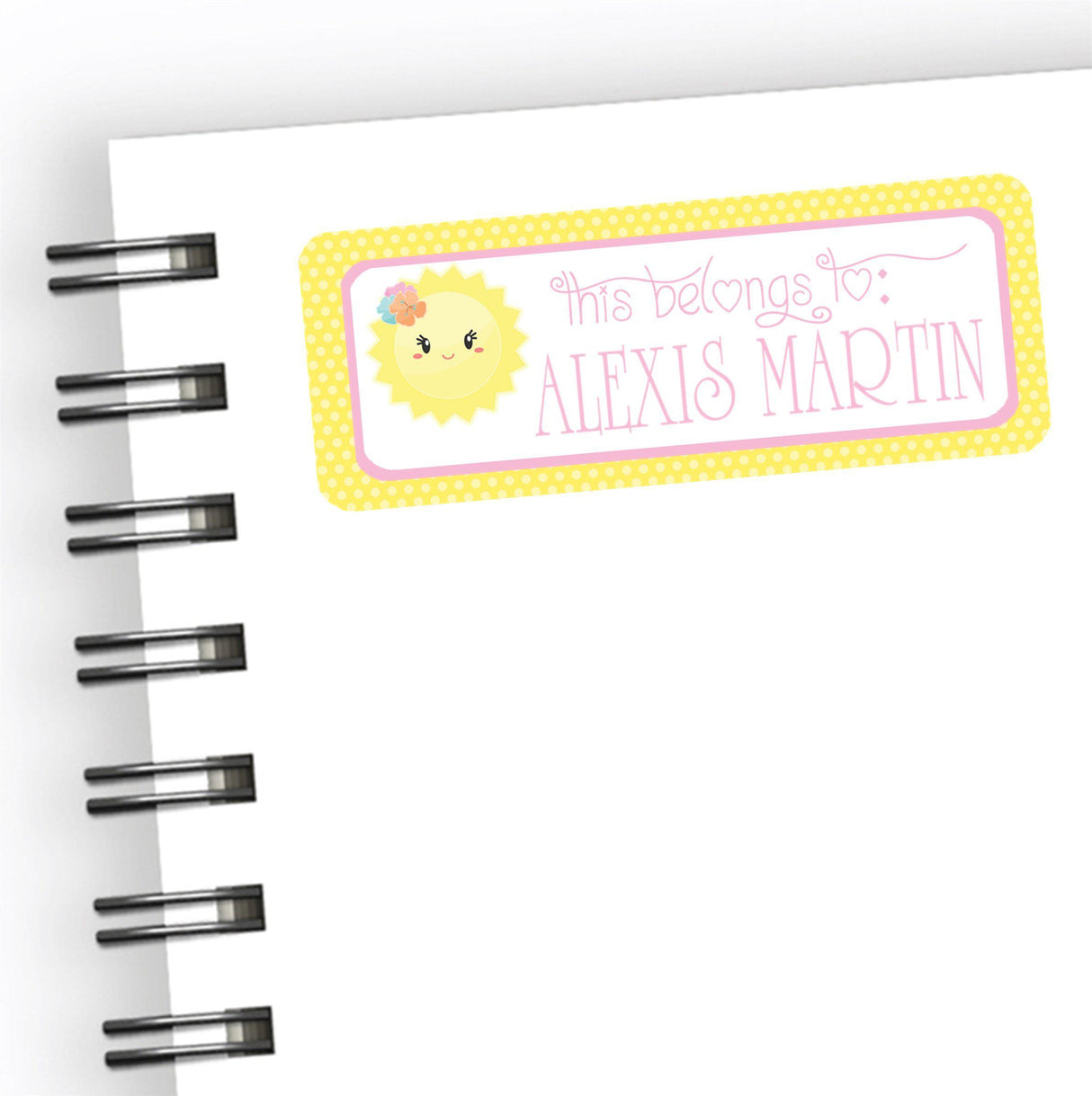 Sunshine back to school name label with floral sun illustration