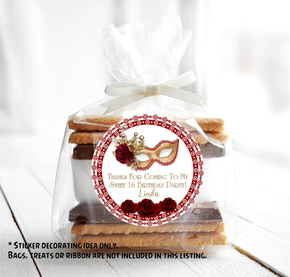 Sweet 16 red and gold masquerade sticker with printed glitter border