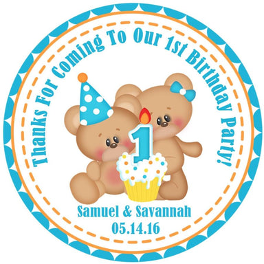 Teddy Bear Twins 1st Birthday Party Stickers