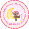 Teddy bear baby shower sticker with pink accents and moon theme