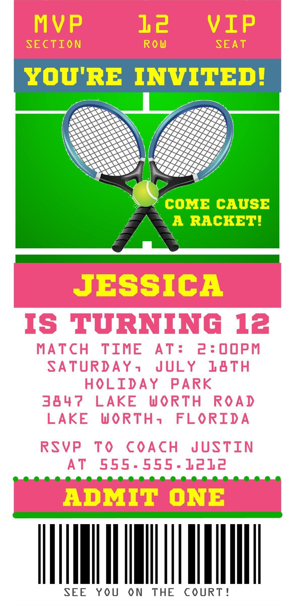 Tennis Birthday Party Ticket Invitations