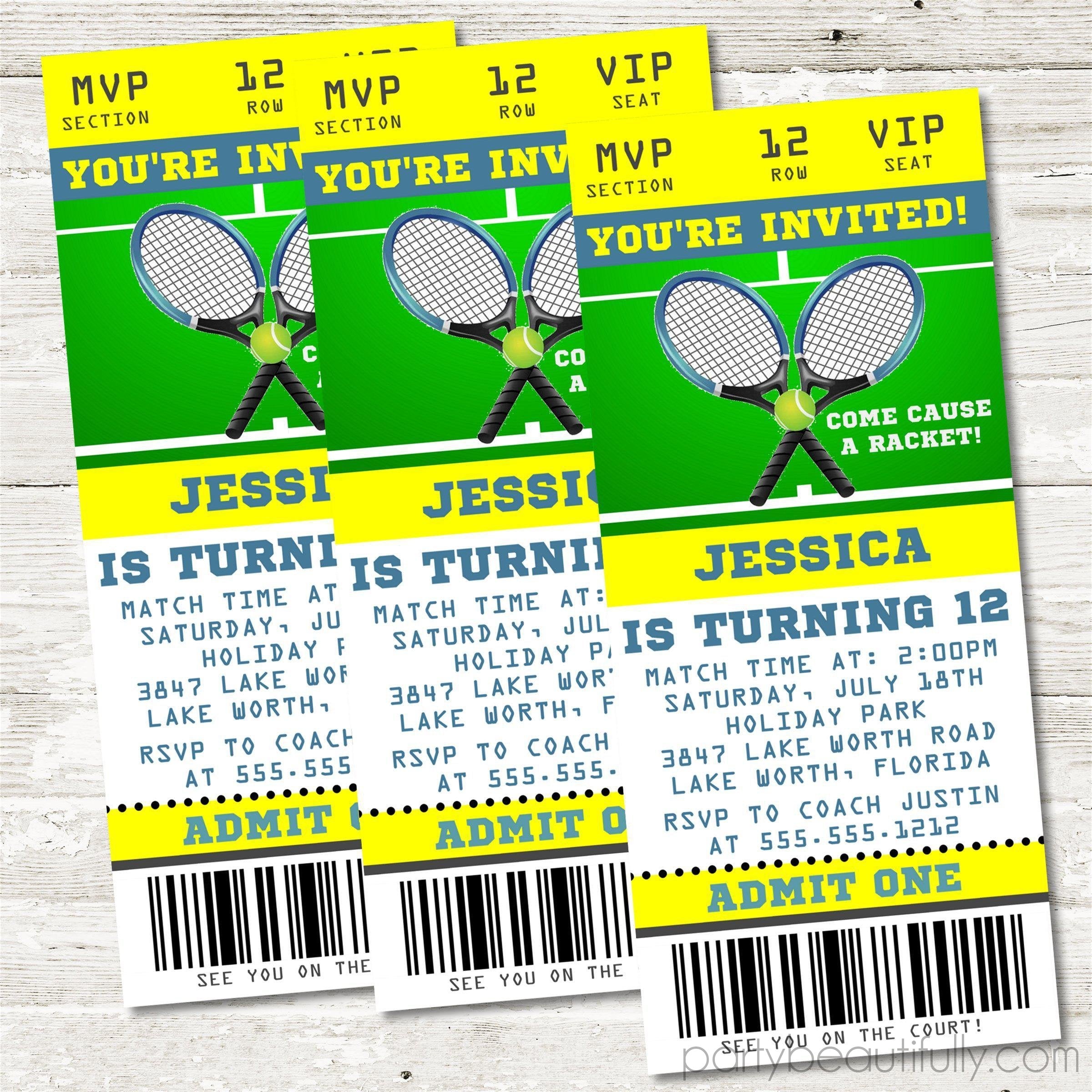 Tennis Birthday Party Ticket Invitations