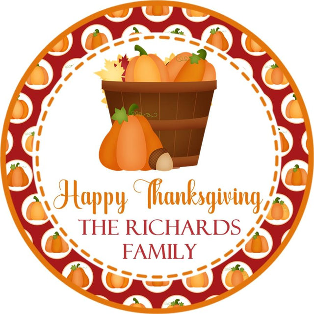 Thanksgiving pumpkin basket sticker with rustic fall harvest design
