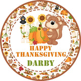 Thanksgiving sticker featuring squirrel holding pumpkin with sunflower accents
