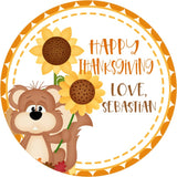 Thanksgiving sticker featuring squirrel holding sunflower with fall color palette