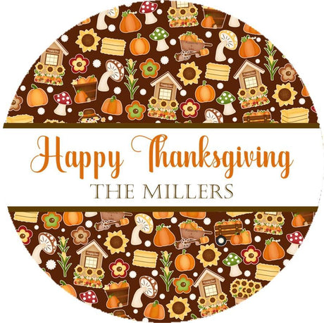 Thanksgiving sticker with autumn harvest pattern and fall icons
