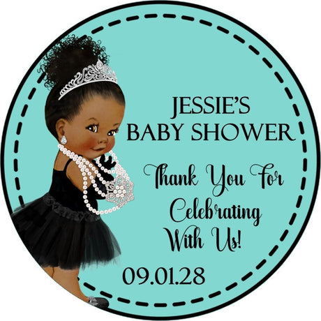 Tiffany blue baby shower sticker with brown skin baby girl in black dress