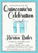 Tiffany quinceañera birthday invitations elegant silver bow theme