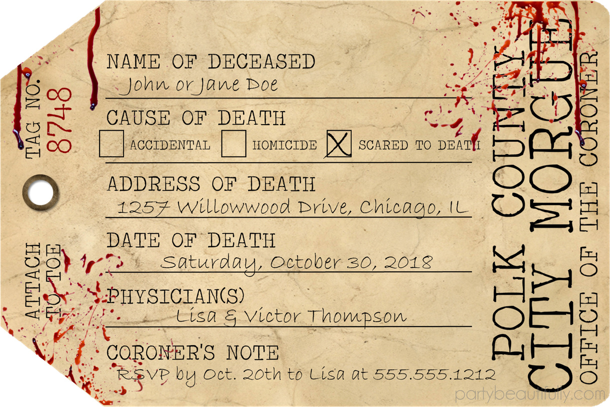 Toe Tag Halloween Party Invitations