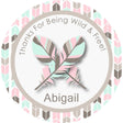 Tribal feathers birthday label in mint, blush, and taupe