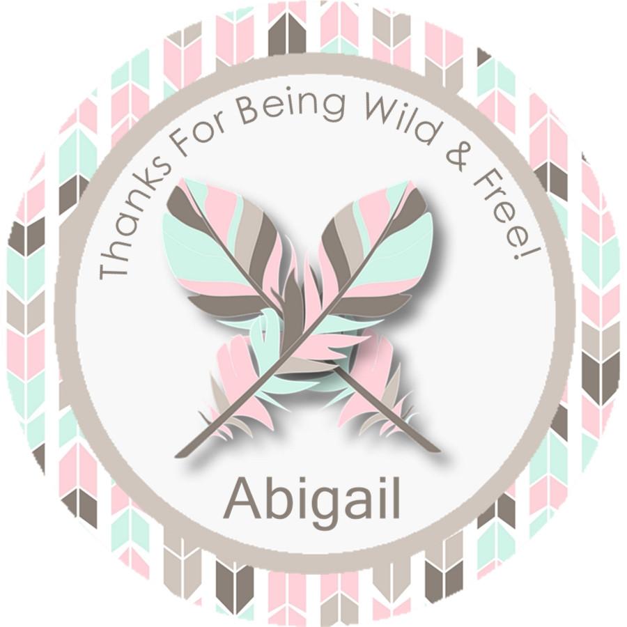 Tribal feathers birthday label in mint, blush, and taupe
