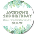 Tropical birthday sticker with watercolor green leaves