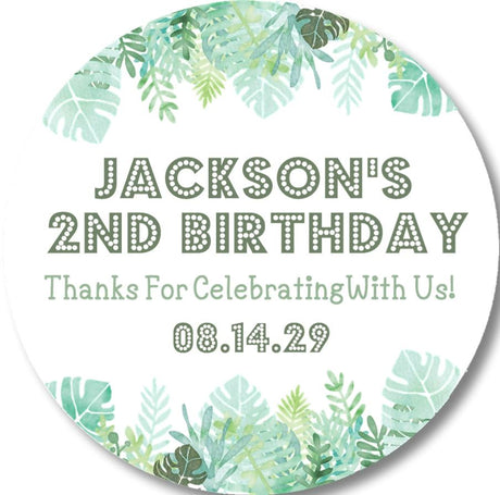 Tropical birthday sticker with watercolor green leaves