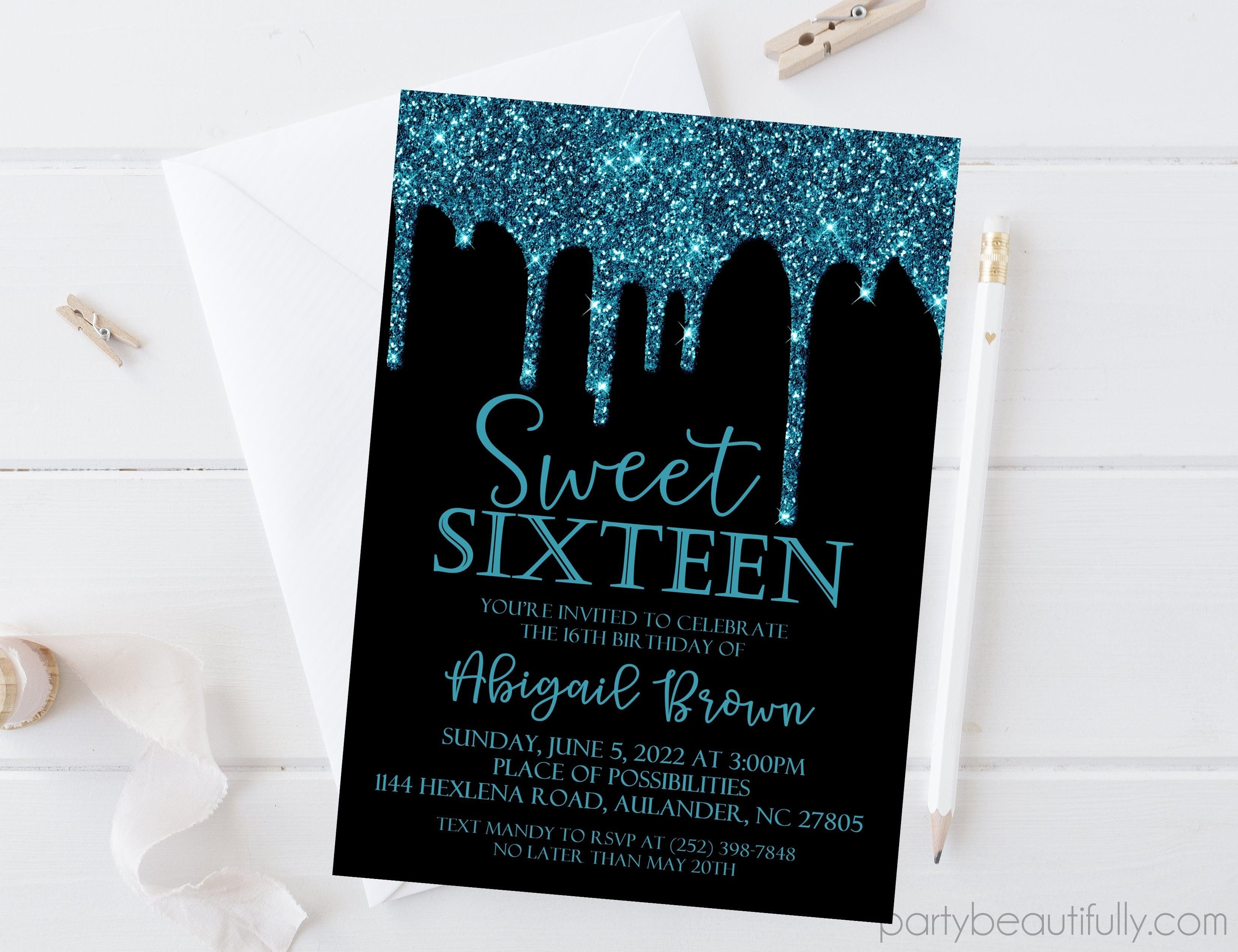 Turquoise And Black Sweet 16 Party Invitations