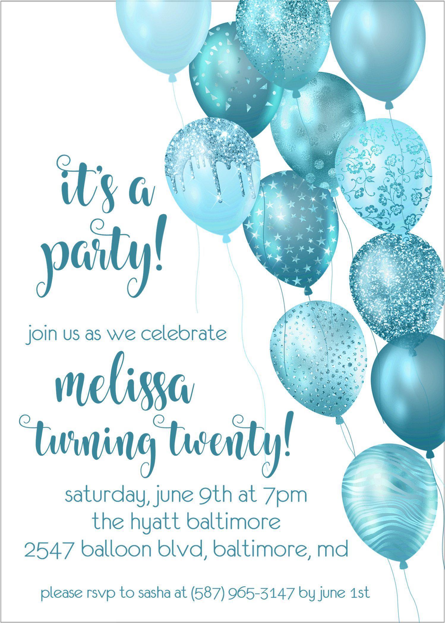 Turquoise Balloon Birthday Party Invitations