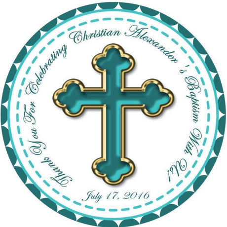 Turquoise and gold cross baptism sticker for favors