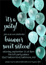 Turquoise black sweet 16 birthday party invitations