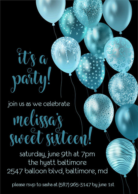 Turquoise black sweet 16 sweet 16 invitation
