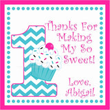 Turquoise chevron 1st birthday sticker with cupcake illustration