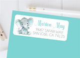 Turquoise elephant address labels with watercolor baby elephant
