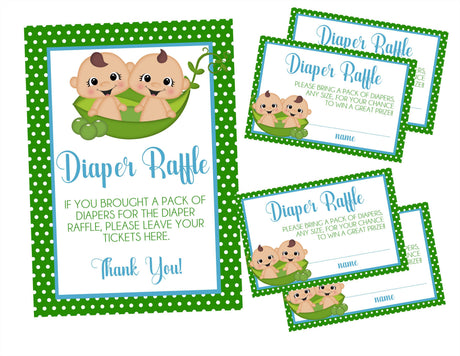 Twin Peas in a Pod Boys Baby Shower Diaper Raffle Sign and Tickets Printable PDF Download