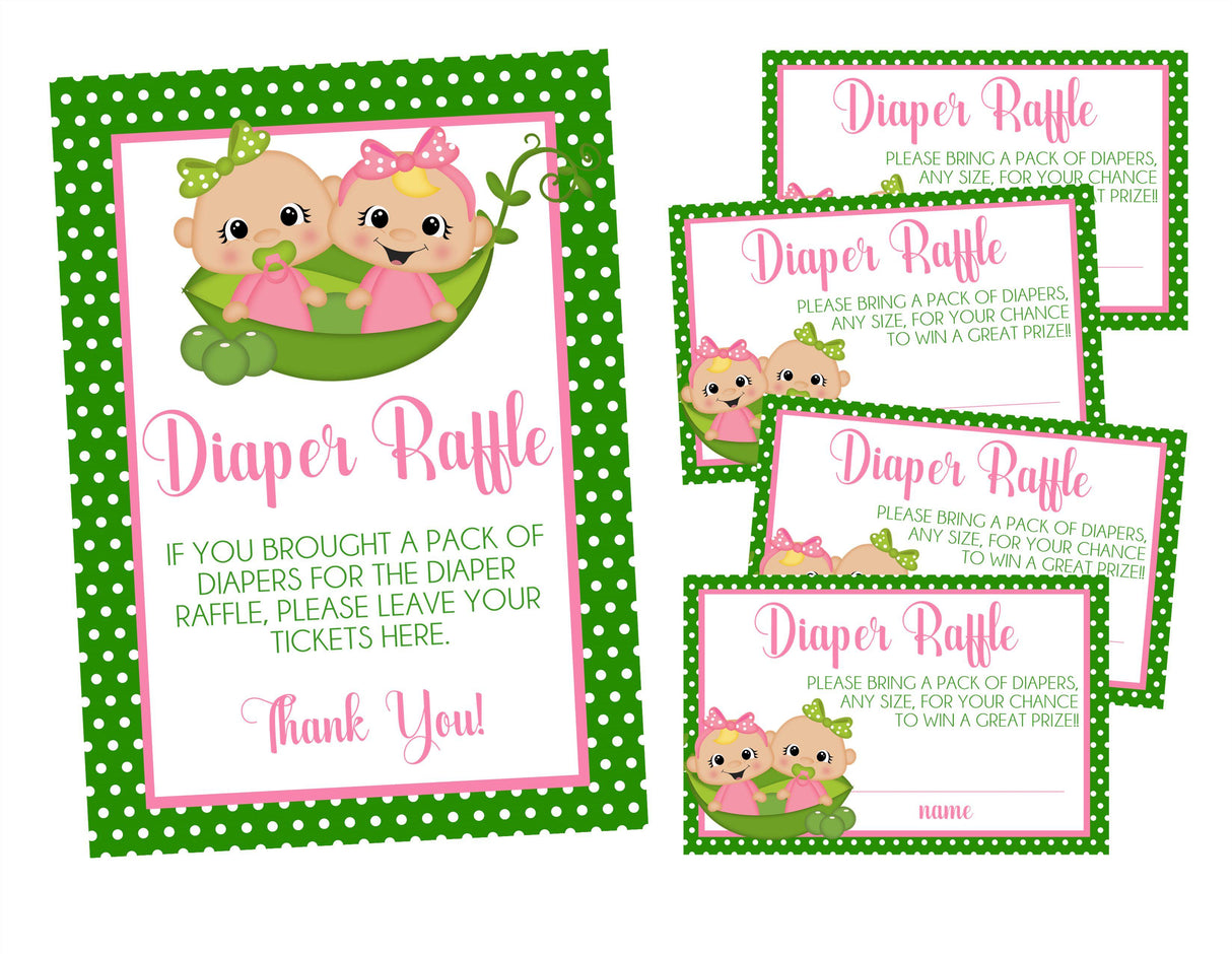 Twin Peas in a Pod Girls Baby Shower Diaper Raffle Sign and Tickets Printable PDF Download