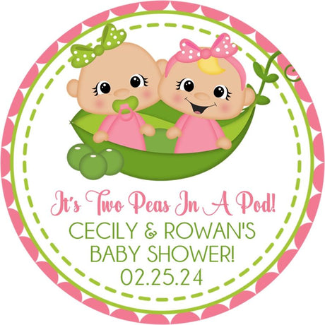 Twin baby girl pea pod sticker with pink scalloped border