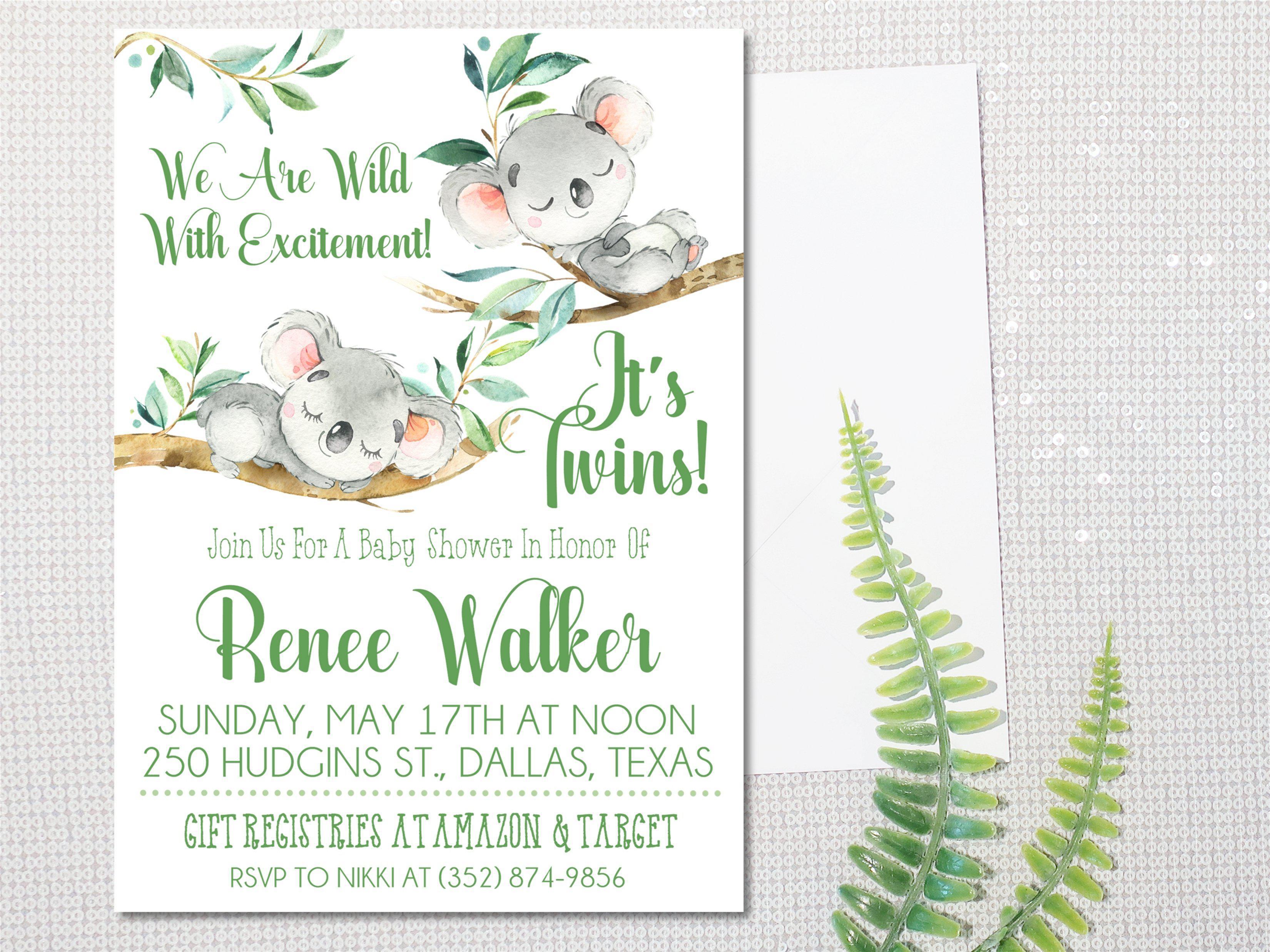 Twins Gender Neutral Koala Baby Shower Invitations