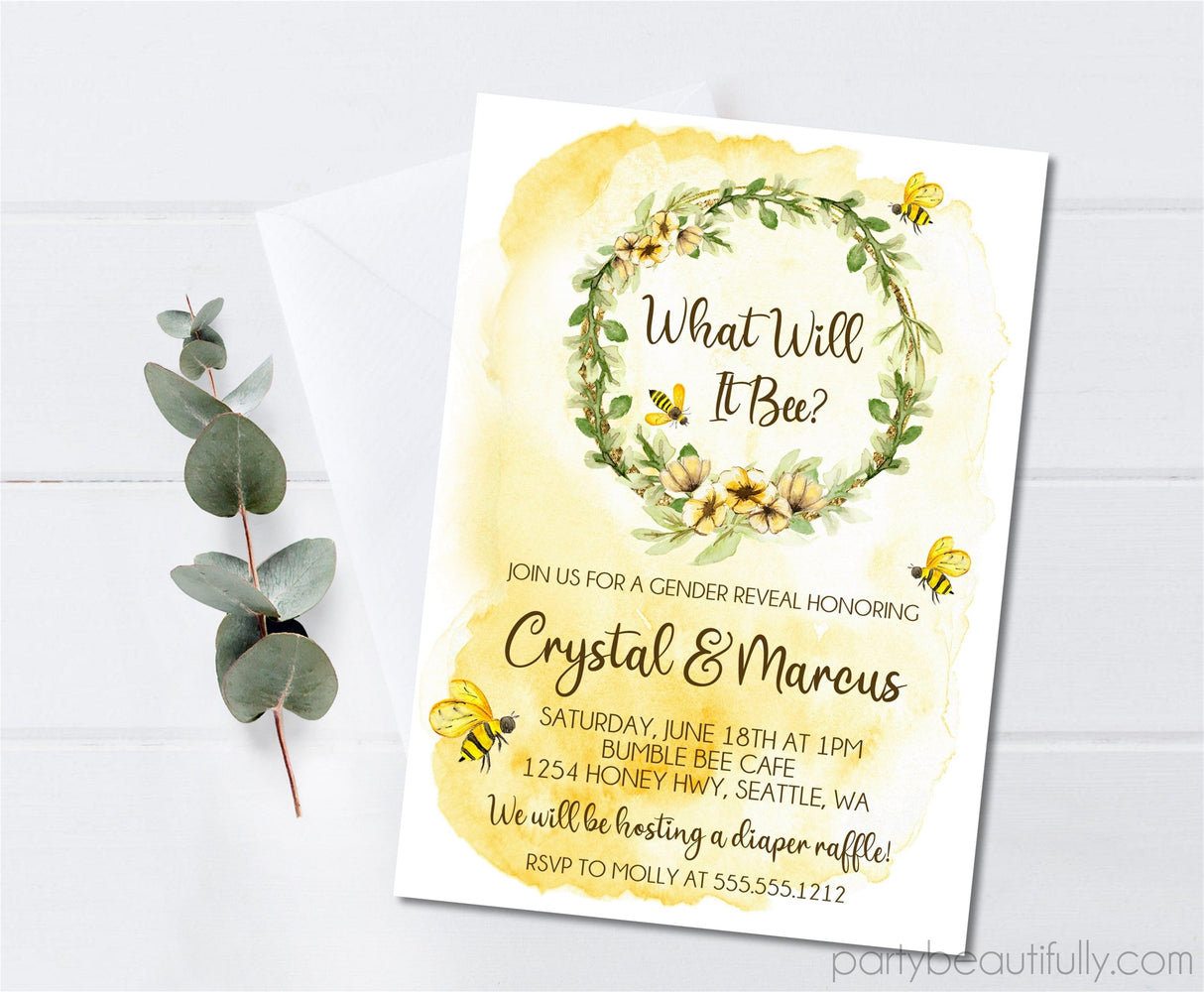 Watercolor bee gender reveal party invitation