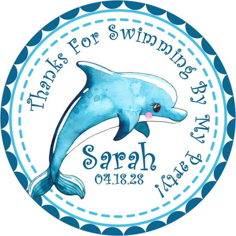 Watercolor blue dolphin birthday sticker with personalized name