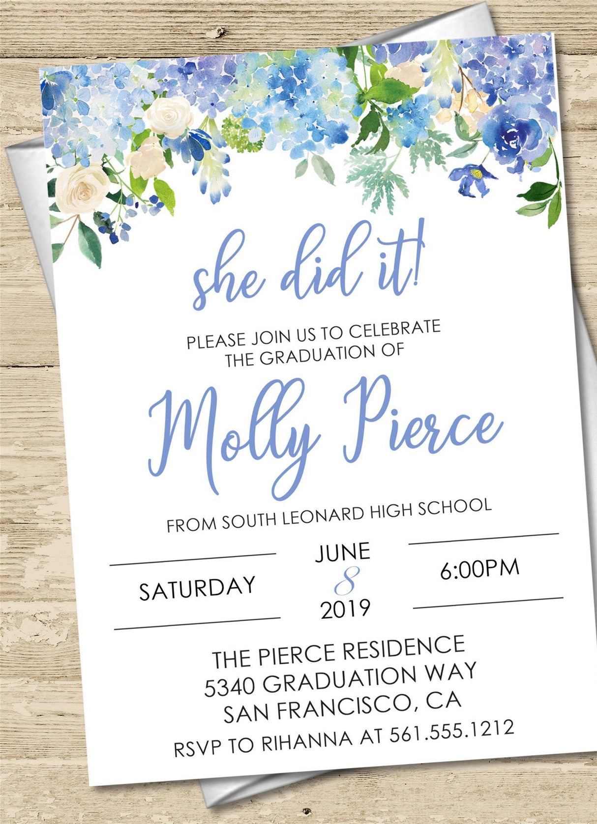 Watercolor blue floral girls graduation invitation design