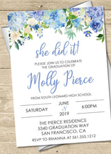 Watercolor blue floral girls graduation invitation design