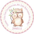 Watercolor owl birthday sticker with pink floral crown and headband