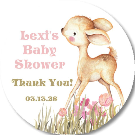 Watercolor woodland deer baby shower stickers with pink flowers.