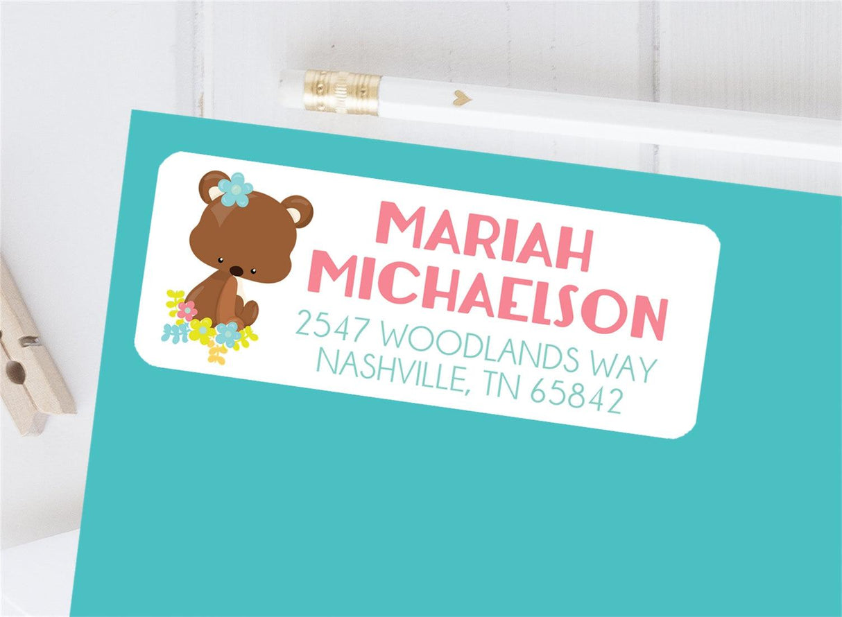 Woodland bear floral address labels with pink accent text