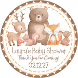 Woodland forest animal baby shower stickers in neutral colors.