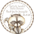 Woodland raccoon baby shower stickers with rustic brown tones.