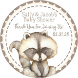 Woodland raccoon baby shower stickers with rustic brown tones.