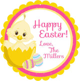Yellow Easter chick sticker with hatching chick and decorated eggs