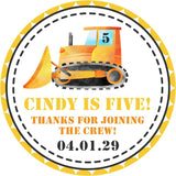Yellow bulldozer construction birthday sticker with personalized name and age