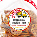 Yellow dump truck Valentine sticker dropping red hearts