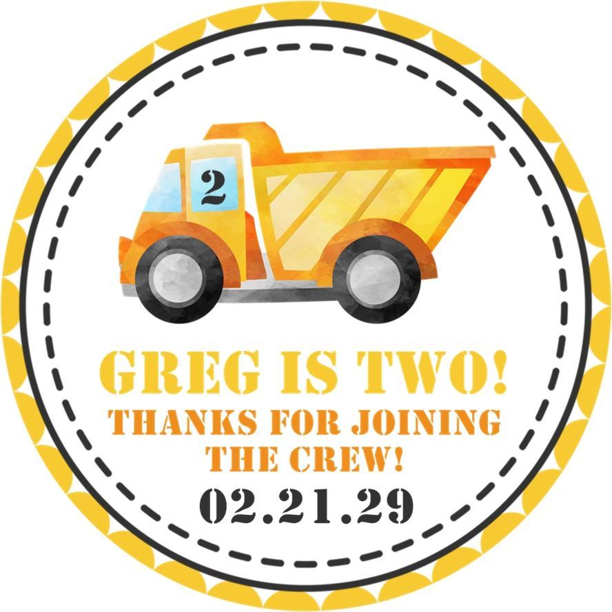 Yellow dump truck construction birthday sticker with personalized name and age