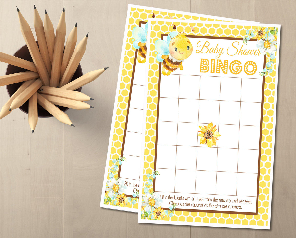 Yellow floral bee baby shower bingo card