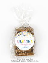 Yellow pink blue confetti birthday favor label