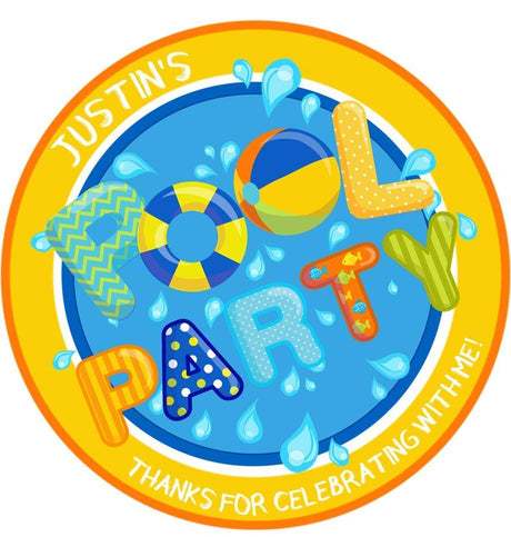 Yellow pool party birthday sticker with colorful letters