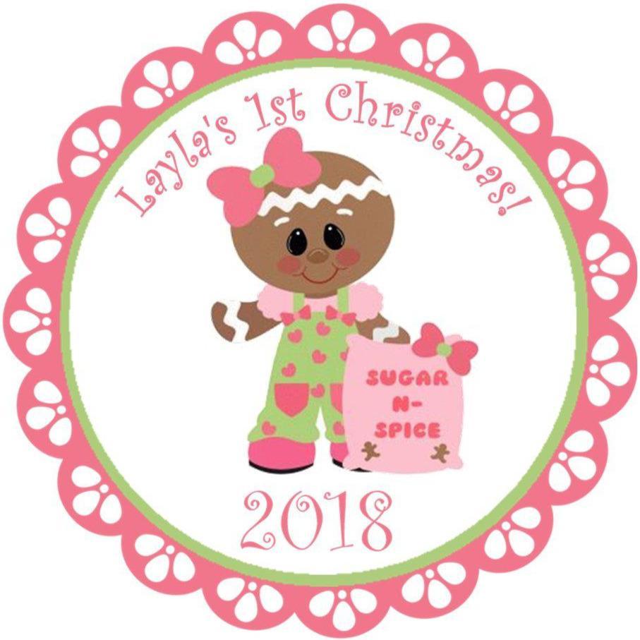 baby girl first christmas sticker with pink gingerbread