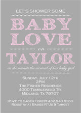 baby love baby shower invitations gray pink typography design
