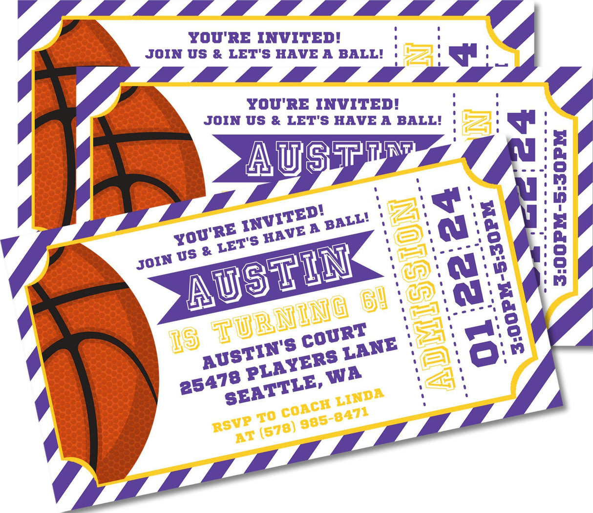 basketball invitation cards sports birthday lakers style purple yellow gold